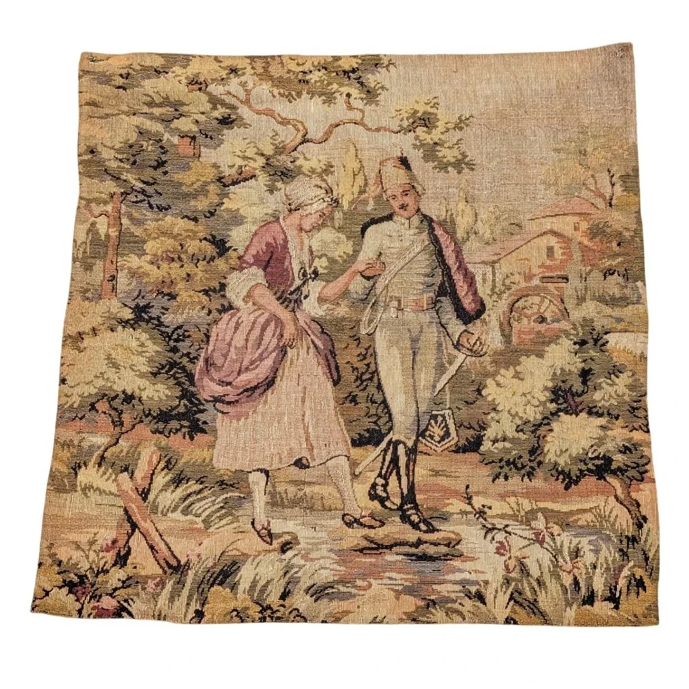 Vintage Woven Wall Tapestry 18x18 Romantic Couple 18th Century Scene Textile Art